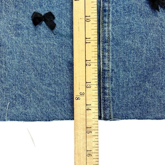 Forever 21 Mini Denim Skirt Womens 1X Medium Wash Blue Black Bow Accents Retro - Picture 8 of 10